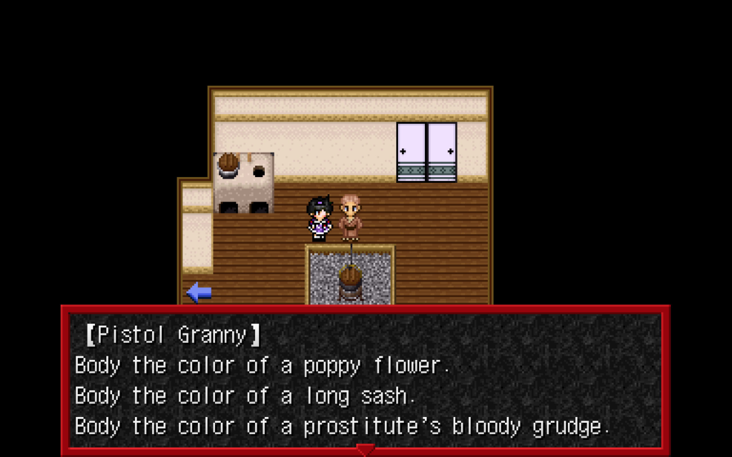 Hearts stands in a traditional kitchen with "Pistol Granny." She says "Body the color of a poppy flower. Body the color of a long sash. Body the color of a prostitute's bloody grudge." 