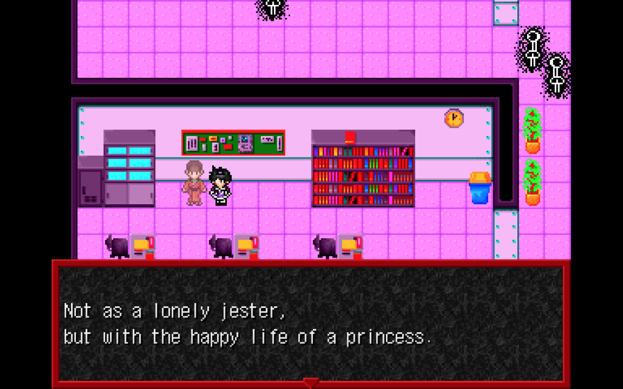 Heart talks to a spirit in a classroom. The spirit is dressed in a kimono and says "Not as a lonely jester, but with the happy life of a princess.